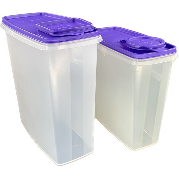 Tupperware Cereal Storage Containers 19 & 13 Cups Purple Lids Clear Frosted - Picture 1 of 7